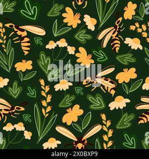Nahtloses natürliches Muster, wilde Blumen, Wespenschwarm, Insekten auf grünem Hintergrund. Handzeichnung. Design für Textilien, Tapeten, Druckerzeugnisse Stock Vektor