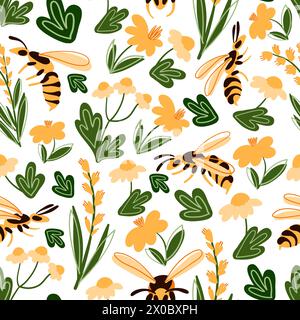 Nahtloses natürliches Muster, wilde Blumen, Wespenschwarm, Insekten auf gelbem Hintergrund. Handzeichnung. Design für Textilien, Tapeten, Druckerzeugnisse Stock Vektor