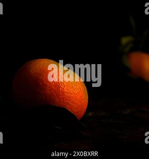 Stillleben mit zwei Mandarinen. Starkes croma Stockfoto