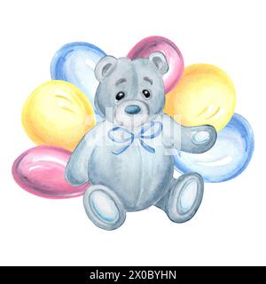 Aquarell Teddybär in blauer Schleife mit bunten Ballons. Komposition zur Dekoration des Kindergartens. Handgezeichnete Illustration für verschiedene Designs, Karten, Geburt Stockfoto