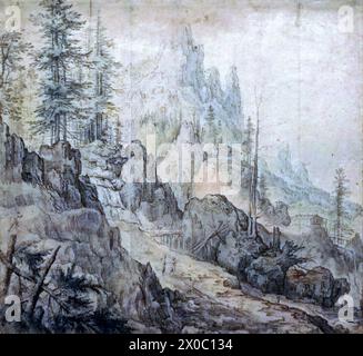 Berglandschaft mit Wasserfall (1606-1607) von Roelant Savery (1576-1639). Niederländischer Maler des Goldenen Zeitalters Stockfoto