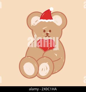 Illustration von Teddybär Kritzelei, Weihnachtsmütze und rotes Herz auf cremefarbenem Hintergrund für festliche Karte, Winterelement, Tier, Zeichentrick, Druck, Hintergrundbild Stock Vektor