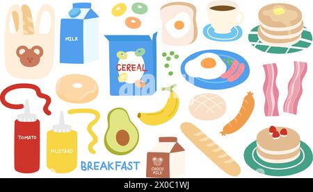 Abbildungen zum Frühstück von Pfannkuchen, Milch, Müsli, Kaffee, Brot, Spiegelei, Avocado, Speck, Wurst, Banane, Ketchup-Sauce, Senfsauce und Donut Stock Vektor