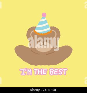 Illustration von Teddybär, Partyhut und I'M THE BEST Letter auf pastellgelbem Hintergrund für positive Energie, Druck, Tiertapete, Cartoon, Zoo Stock Vektor