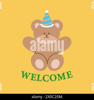 Illustration von Teddybär, Partyhut und BEGRÜSSUNGSBRIEFEN auf einem pastellgelben Hintergrund für Einladungskarte, Druck, Tiertapete, Zeichentrick, Zoo Stock Vektor