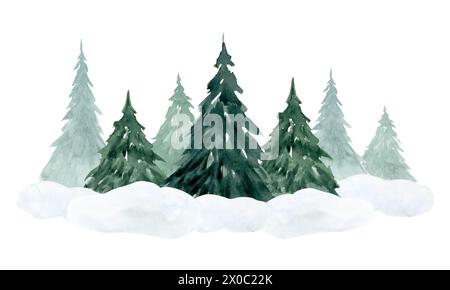 Tannen auf Schnee im Fichtenwald Aquarell isolierte Illustration für winterliche horizontale Banner und nördliche Landschaft Stockfoto