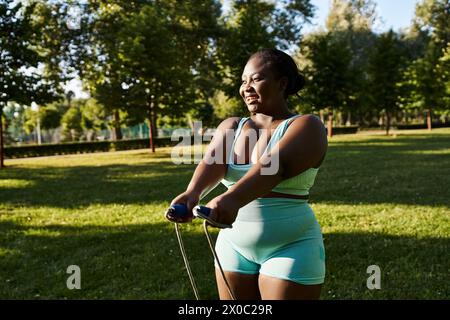 Eine kurvige Afroamerikanerin in einem grünen Sport-BH und blauen Shorts trainiert draußen und hält ein Seil in der Hand. Stockfoto