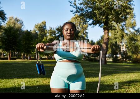 Eine selbstbewusste Afroamerikanerin in Sportbekleidung, die in einer ruhigen Parklandschaft ein Seil hochzieht und die positive Körperkraft und Stärke des Körpers zum Ausdruck bringt. Stockfoto