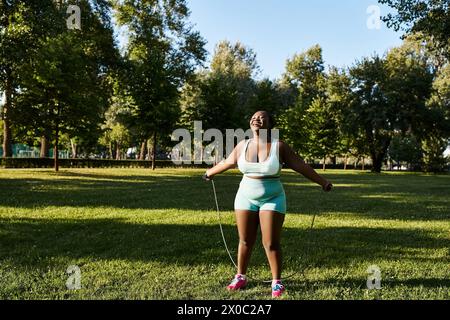 Eine kurvige Afroamerikanerin in grünem Sport-BH und blauen Shorts hält ein Seil zum Überspringen Stockfoto