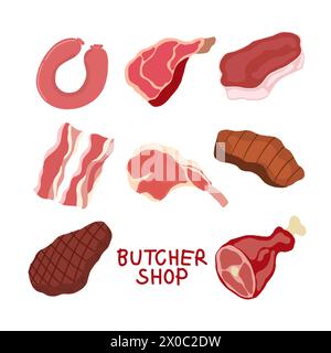 Zeichnung von frischem rohem Fleisch, Schwein, Rindfleisch, Lamm und Wurst für die Dekoration der Metzgerei, grillbar, Aufkleber, Restaurant, Logo, Symbol für Lebensmittel, Menü, Rezept Stock Vektor