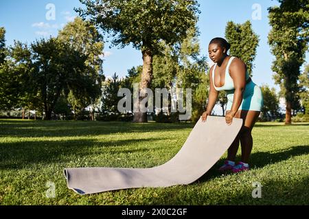Eine kurvige Afroamerikanerin in Sportbekleidung, die selbstbewusst neben einer Sportmatte steht Stockfoto