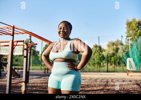 Eine Afroamerikanerin in Sportbekleidung, die selbstbewusst vor einem Spielplatz steht. Stockfoto