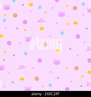 Katze, Blume und Stern auf einem pastelllila Hintergrund für Tier, Sommertapete, Stoffdruck, Muster, Kinderkleidung, niedliche Textilien, Tierhandwerk, Tierarzt Stock Vektor