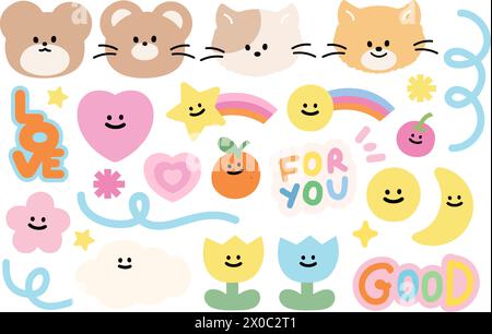 Illustration von Katze, Teddybär, Herz, Liebes Schriftart, Pastell Regenbogen, Doodle-Elemente, Orange, Blumen, Tulpe, Apfel, Mond für Tiere, Aufkleber, Früchte Stock Vektor