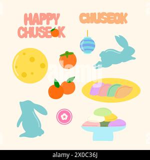 Illustrationen von Chuseok oder Erntefesttage im Herbst in Südkorea wie Kaninchen, Orange, Pfirsich, süße Snacks, Laterne, Mond Stock Vektor