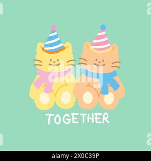 Illustration von zwei Katzen zusammen mit Partyhut und Winterschal auf einem mintgrünen Hintergrund für Weihnachtskarte, Valentinstag, Liebesaufkleber, Tier, Haustier Stock Vektor