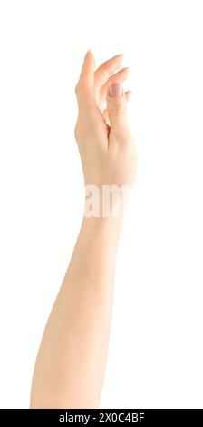 Weibliche Hand. Nahaufnahme eines schönen weiblichen Handfingers, der auf einem weißen Hintergrund mit Beschneidungspfad auf etwas lokales zeigt oder berührt. Schönheitspflege. Stockfoto