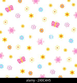 Bunte Blumen und Schmetterling auf einem weißen Hintergrund für Sommertapete, Stoffdruck, Blumenmuster, Kinderkleidung, Frühling, Sommertextilien, Garten Stock Vektor