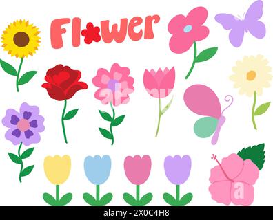 Handgezeichnete Blumen einschließlich Sonnenblume, Rose, Tulpe, Hibiskus und Schmetterling für Picknick, Natur, Garten, Frühling, Sommer, blumenmuster, Logo, Symbol Stock Vektor