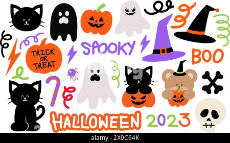 Abbildung: Schwarze Katze, Geist, Kürbis, Hexenhut, Zuckerrohr, teddybär, Kopfschädel, Kritzeleien für Halloween-Ikonen, Logo, Aufkleber, Dekorationen Stock Vektor