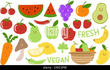Obst- und Gemüsebilder von Kirsche, Wassermelone, Traube, Orange, Erdbeere, Avocado, Mango, Birne, Zitrone, Apfel, Banane, Karotten, Pilze, Stock Vektor