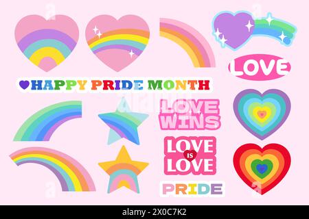 Niedliche Illustrationen von Herzsymbolen und Liebeszeichen in bunten Regenbogenfarben für Happy Stolz Month, Aufkleber, Logo, Dekorationen, Love Wins Schriftzug, Tippfehler Stock Vektor