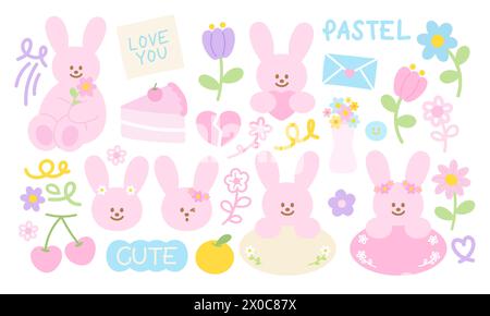 Pastell-Illustrationen von rosa Häschen und Sommerelementen von Blumen, Orange, Kirsche für ostern, Zeichentrick, Charakter, Comic, Maskottchen, Spielzeug, Tieraufkleber Stock Vektor