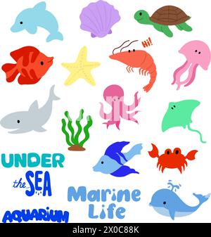 Handgezeichnete Meeresbewohner wie Haie, Delfine, Wale, Schildkröten, Garnelen, Krabben, Kraken, Stachelrochen, Seesterne, Perlmuschel, Quallen für Meereslebewesen, Icon Stock Vektor