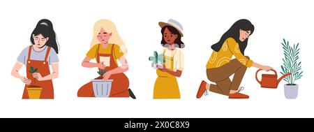 Eine Reihe glücklicher Frauen, die Zimmerpflanzen anbauen. Urban Gardening Kollektion. Vektorabbildung. Stock Vektor
