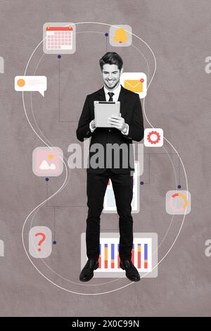 Vertikale kreative Collage Foto stehend junger Geschäftsmann formalwear Anzug Multitasking Benachrichtigungssymbole Zahnrad Aufgabenverwaltung Stockfoto