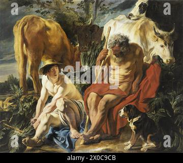 Quecksilber und Argus ist ein Ölgemälde auf Leinwand, das ca. 1620 von dem flämischen Maler Jacob Jordaens. Stockfoto