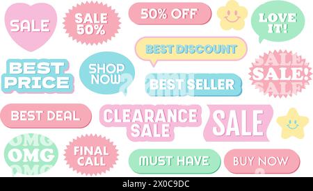 Pastellfarbene Illustration von Verkaufssymbolen wie bester Preis, 50 % Rabatt, Love IT, Bestseller, Clearance-Verkauf, bester Deal, letzter Anruf, jetzt kaufen Stock Vektor