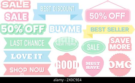 Pastellfarbene Illustration von Verkaufssymbolen wie Bester Rabatt, Kaufen Sie mich, 50 % Rabatt, Bestseller, mehr sparen, muss ich haben, letzte Chance, jetzt einkaufen, liebe es, gut Stock Vektor
