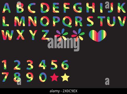 Regenbogen A bis Z Buchstaben- und Zahlendesign für Schriftart, Stolz-Monat, Dekorationen, Typografie, Initialen, Aufkleber, Kampagnenlogo, Symbol, Karte, Druck Stock Vektor