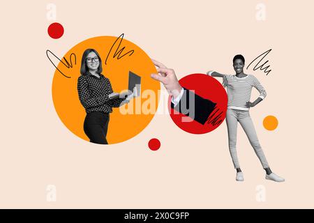 Kreative Fotocollage junge Geschäftsfrau Angestellte Unternehmensprojektmanagement menschlicher Arm Laptop Gerät Zeichnen Kritzeleien Stockfoto