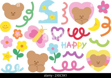 Vektor-Illustrationen von Teddybären und niedlichen Sommerelementen von Schmetterling, Blume, FRÖHLICHE Schriftart, Herz, Mond und Pastellkritzelsymbole für Dekoration, Ikone Stock Vektor