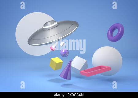 3D-UFO mit dynamischen Formen vor einem ruhigen Hintergrund Stockfoto
