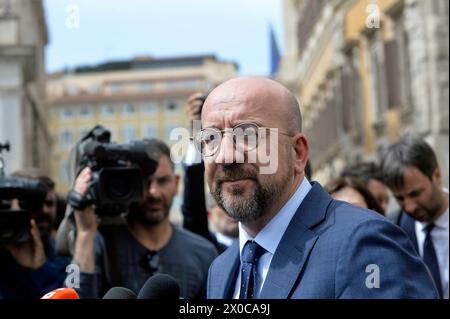 Italien, Rom, 11. April 2024 : Pressemitteilungen des Präsidenten des Europäischen Rates Charles Michel nach seinem Treffen mit Premierminister Giorgia Meloni Foto © Stefano Carofei/Sintesi/Alamy Live News Stockfoto