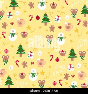 Weihnachten und Neujahr Illustrationen von Teddybären, Weihnachtsbaum, Schneemann, Zuckerrohr, Geschenkbox, warmes Getränk auf gelbem Hintergrund für Geschenkverpackung Stock Vektor