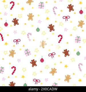 Weihnachten und Neujahr Illustrationen von Lebkuchenmann, Zuckerrohr, Geschenkbox, Band, Stern auf weißem Hintergrund für Karte, Tapete, Geschenkverpackung Stock Vektor