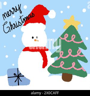 Handgezeichnete Weihnachts- und Neujahrselemente mit weihnachtsbaum, weihnachtsmann, Geschenkbox, Schnee, Schneeflocke, FROHE WEIHNACHTSBRIEFE auf blauem Hintergrund Stock Vektor