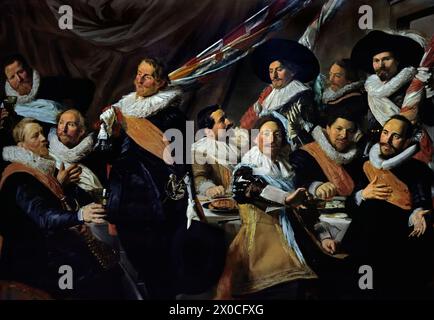 Bankett der Offiziere der Sankt-Georg-Bürgergarde (c.1627) Frans Hals, 1582-1666, Antwerpen-Haarlem, Niederländisch, Niederlande, 17. Jahrhundert, niederländisches Goldenes Zeitalter ( Er malte lebendige, manchmal sogar fröhliche Porträts von Menschen aller Ebenen der Gesellschaft, wichtigen Menschen, frechen Kindern und sogar Betrunkenen oder Menschen, die für verrückt erklärt wurden. ) Stockfoto