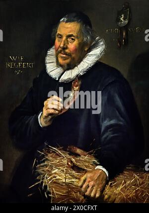 Porträt von Pieter Cornelisz van der Mersch 1616 Frans Hals, 1582-1666, Antwerpen-Haarlem, Niederländisch, Niederlande, das Goldene Zeitalter der Niederlande (Pieter Cornelisz van der Morsch, Gerichtsbeamter aus Leiden, Niederlande und Mitglied des Amateurliteraturvereins der Stadt). Details des Gemäldes beziehen sich auf van der Morschs Rolle im Club, der Gedichte komponierte und satirische Theaterstücke inszenierte. Der getrocknete Hering bezieht sich auf den Satz „einen roten Hering geben“, den niederländischen Slang, der jemanden mit sarkastischen Bemerkungen abtrünnig macht. Stockfoto