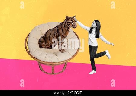 Composite Trend Artwork Skizze 3D Foto Collage von schwarz weiß Silhouette Junges Schulmädchen Haustier wilde Katze Leopard sitzen im Sessel Stockfoto