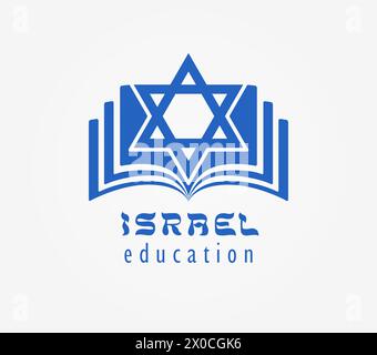 Israel Bildungs-Logo-Konzept. Kreatives Symbol der Smartphone-App. Öffne blaues Buch mit David Star. Symbol für digitale Tora. Isolierte Elemente. Bildung Stock Vektor