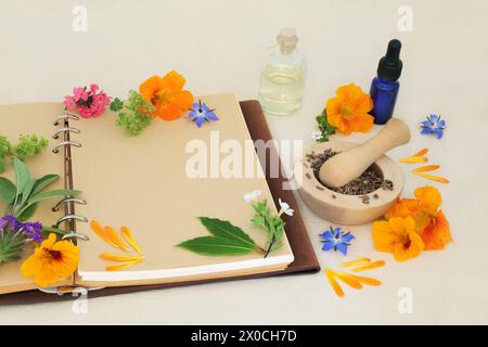 Blumen und Kräuter für naturheilkundliche, medizinische und aromatherapeutische Behandlungen. Pflanzliche Arzneistoffe für alternative Heilmittel mit Rezeptbuch. Stockfoto