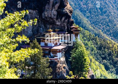 Taktshang Goemba, Tigernest Kloster in Bhutan, Blick aus der Ferne. Stockfoto