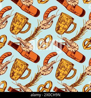 Nahtloses Biermuster. Becher, Flasche, Garnelen, Brezel, Weizen. Vektorillustration für Geschenkpapier, Tapeten, Stoff, Cover, Oktoberfest Einladungen Stock Vektor