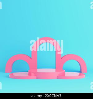 Rosafarbener zylindrischer Sockel mit Bogenform zur Produktanzeige auf hellblauem Hintergrund in Pastellfarben. Minimalismus-Konzept. 3D-Rendering Stockfoto