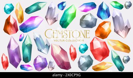 Eine Vektorsammlung von bunten Kristallen, Diamanten und anderen seltenen Edelsteinen. Vektorabbildung Stock Vektor